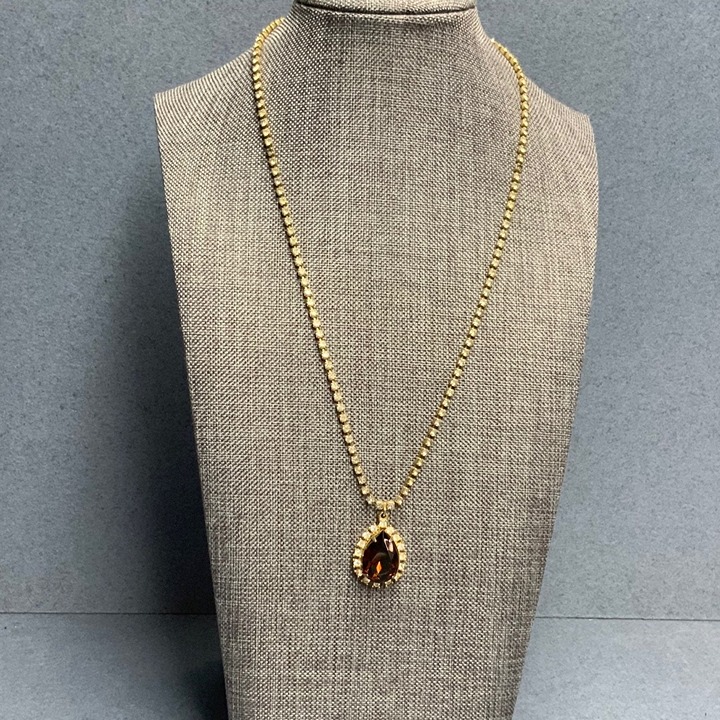 Rhinestone Teardrop Necklace Amber Brown Gold Smoky Retro BoHo Vintage Bling