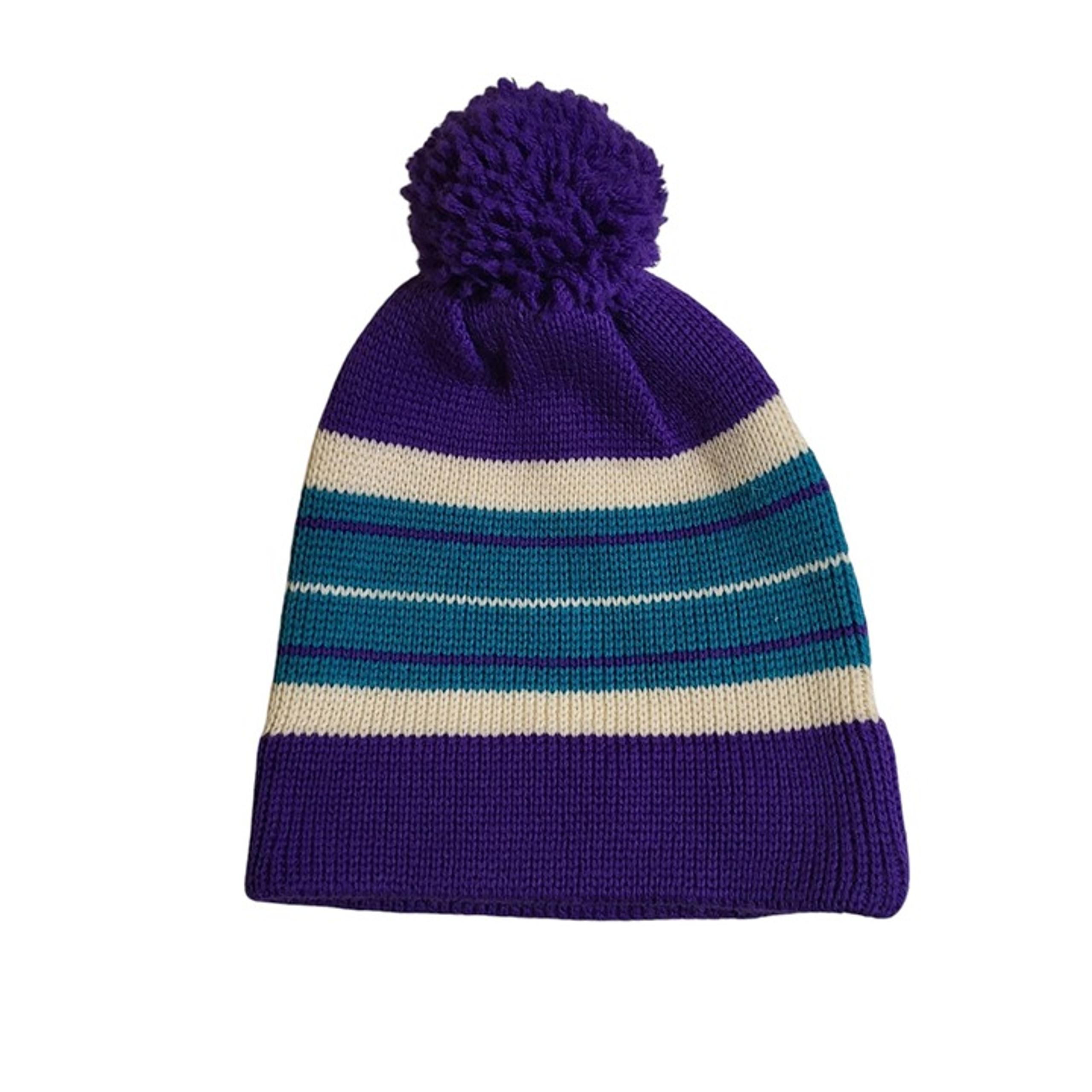 Vtg Meister Knit Ski Cap Purple Teal White Stripe 100% Wool Big Pom-Pom