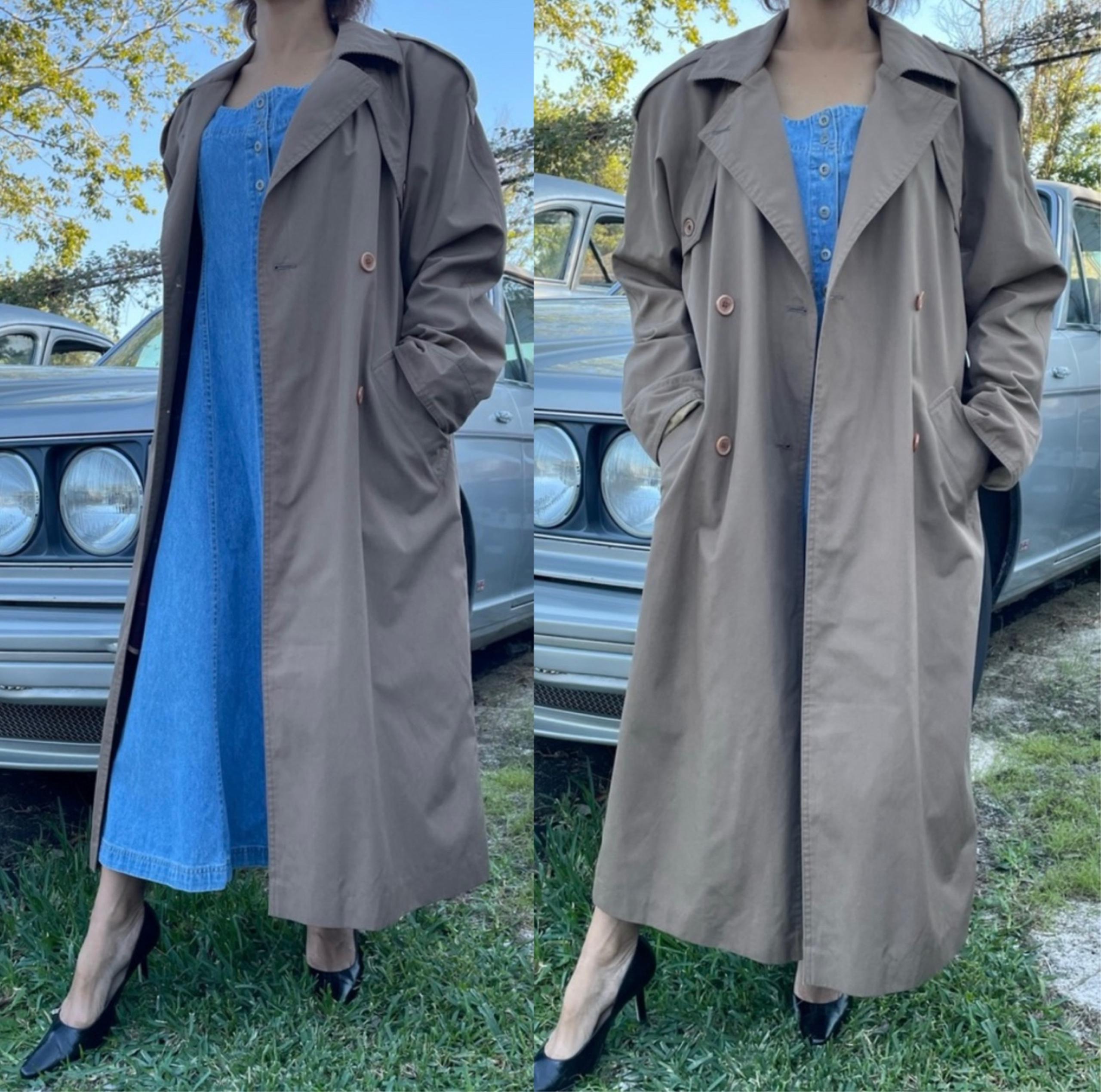 Vintage J.Gallery Double Breasted Khaki Long Trench Coat Women Size 7/8 Petite