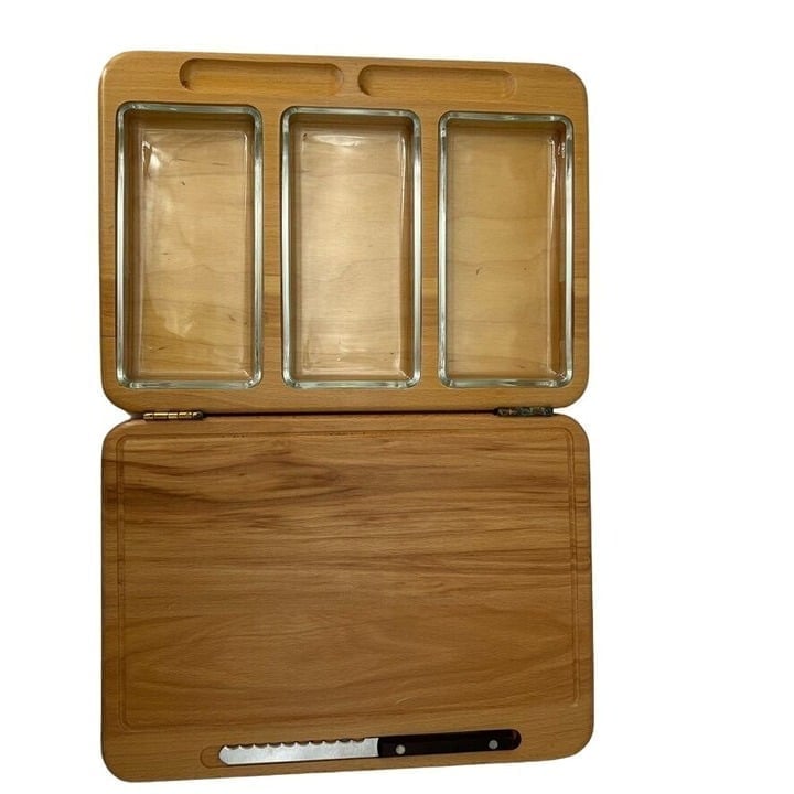 VTG Wooden Barware Condiment Cutting Board Knife & Glass Inserts Cheese