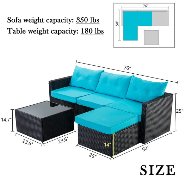 Patio Conversation Set, PE Wicker Rattan Outdoor Furniture Set ,Turquoise Blue