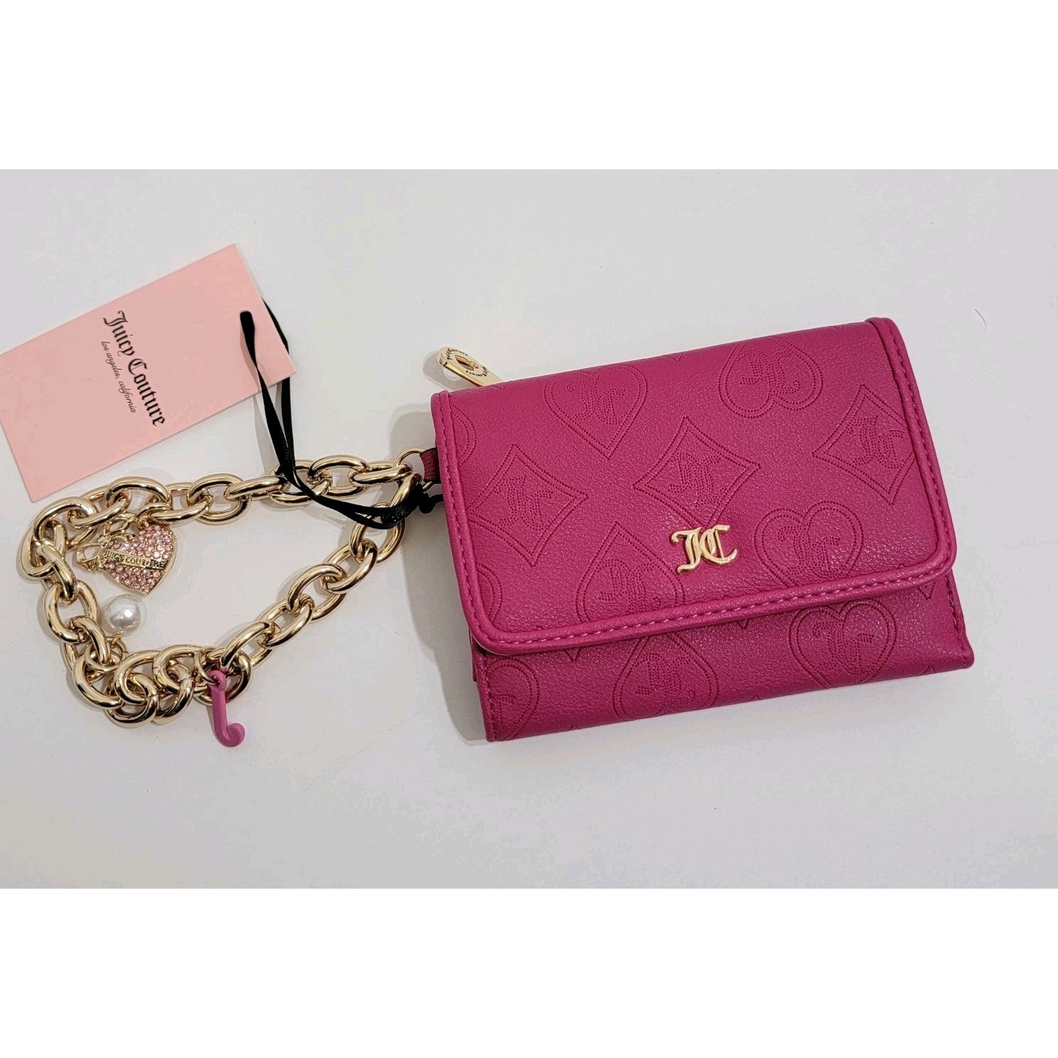 Juicy Couture Top Notch Double Sided Trifold Wallet Wristlet Chain Raspberry