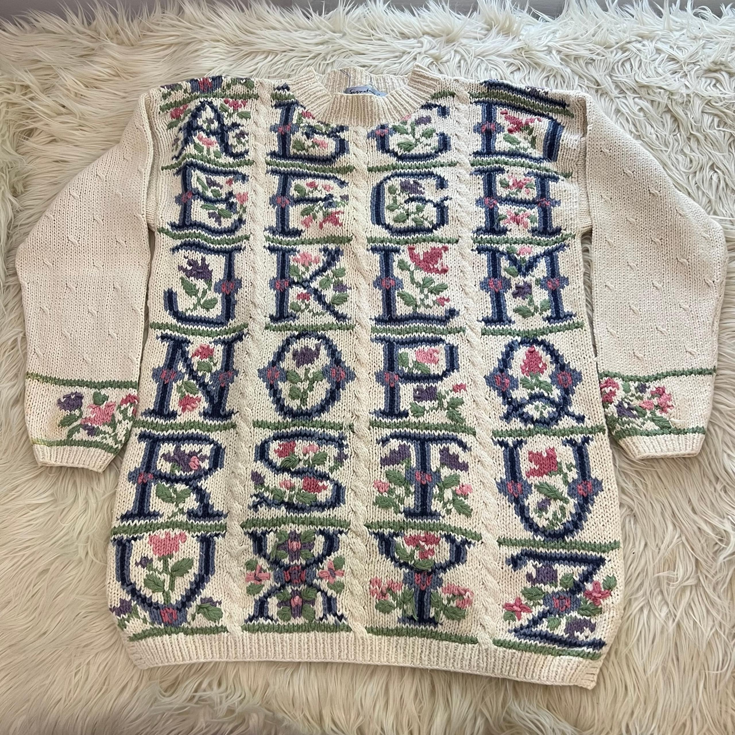 Vintage Signatures By Northern Isles Sweater ABC Alphabet Floral Women’s Size L