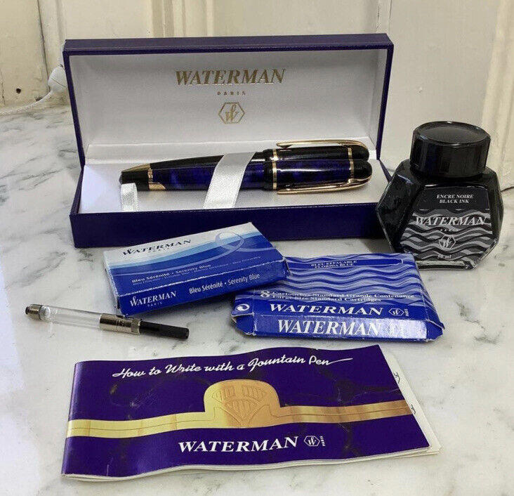 Waterman Phileas Blue Marble Gold Trim Fountain Pen, Pencil & Lots Of Extras