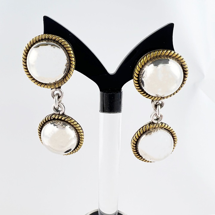 Vintage Sterling Silver Brass Round Domed Dangle Post Earrings Laton Taxco Mexic