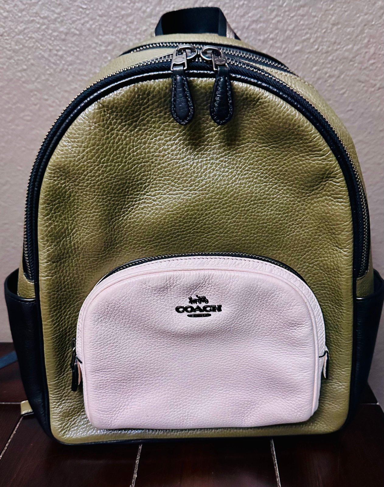Coach Color block Backpack Olive Green and White, Like New