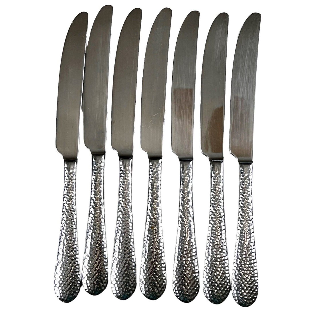 7 Oneida REYNA Stainless Glossy Hammered Dinner Knives Flatware