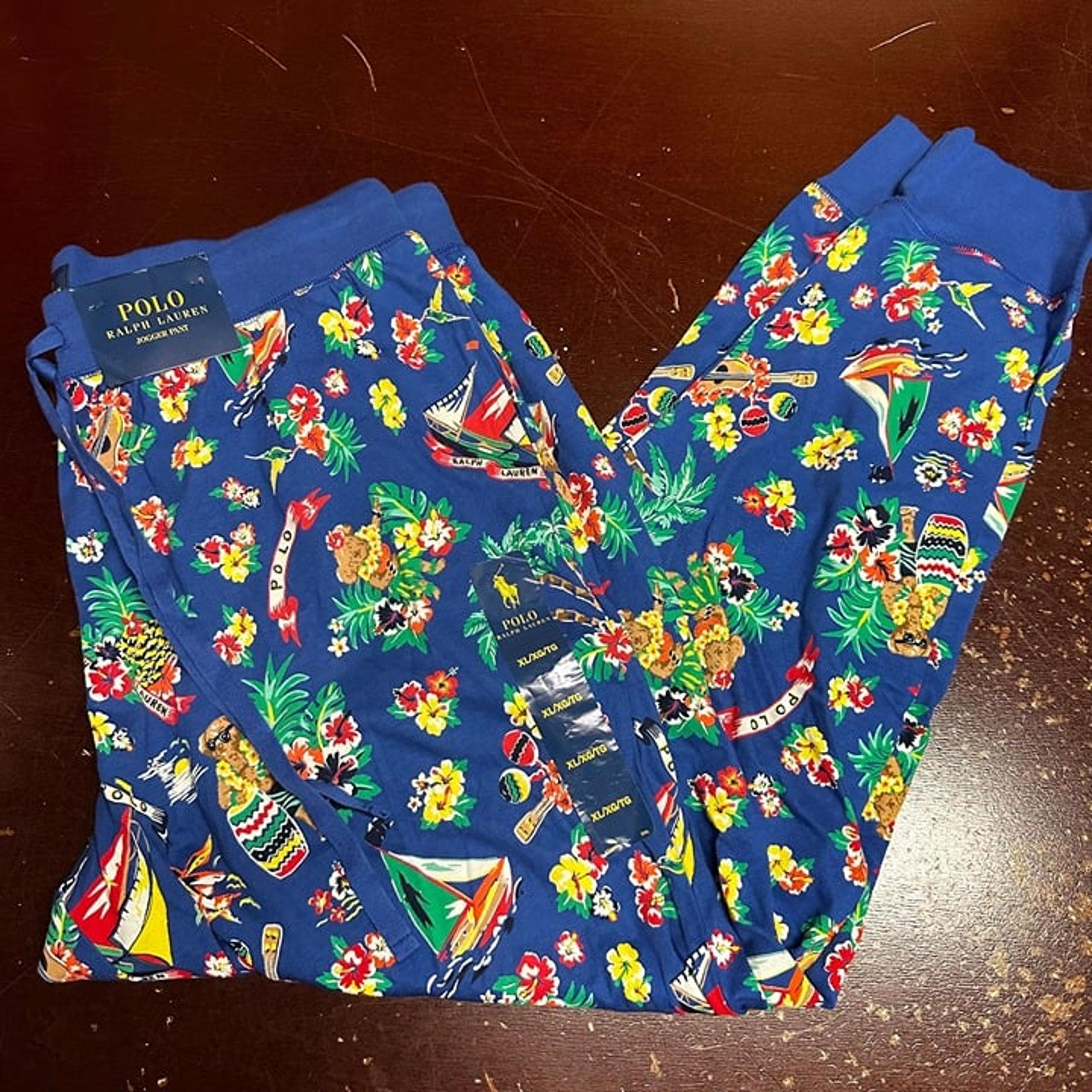 Polo Ralph Lauren Mens Blue All Over Print Bear Hawaiian Jogger Pants Size L XL
