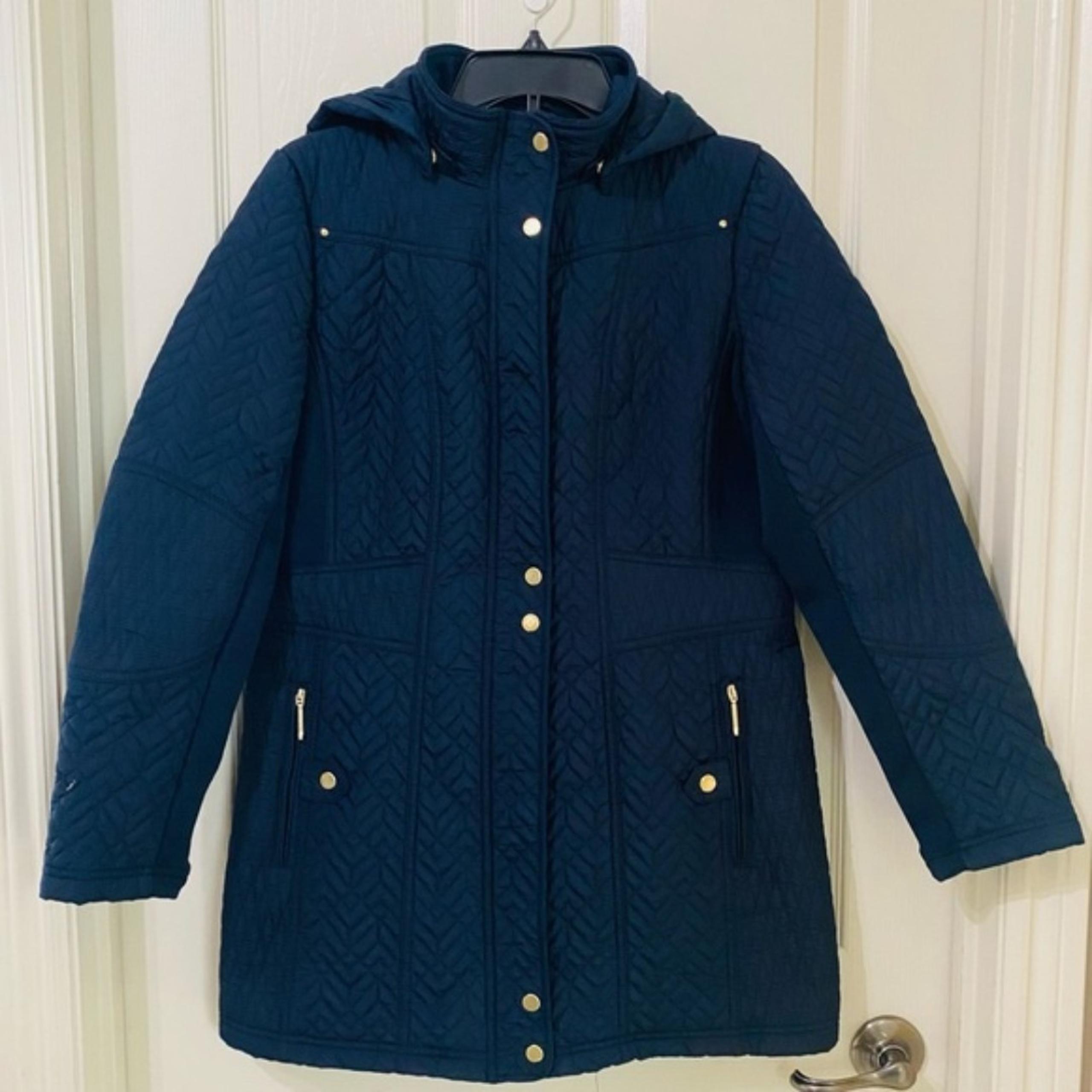 Weatherproof Womens Quilted Rib Knit Jacket Size Small Navy Blue Gold Closures