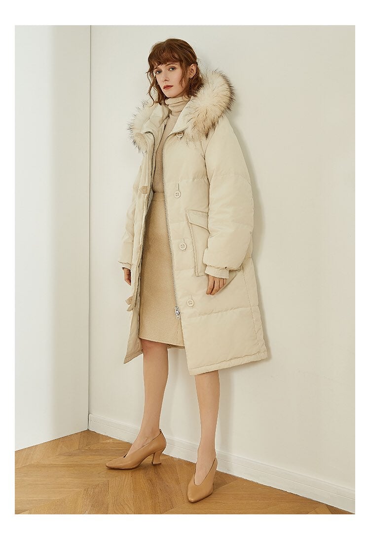 Fur collar long white down jacket Women