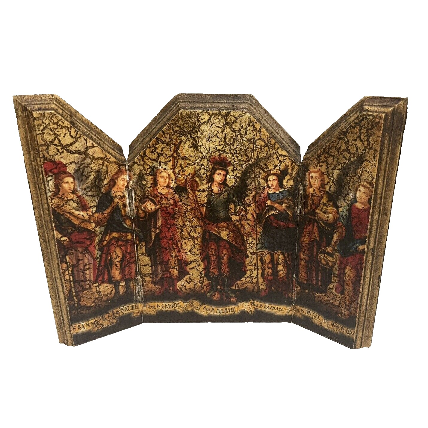 Vintage Religious Icon Wooden Folding Triptych Jesus Angels 7 x 9