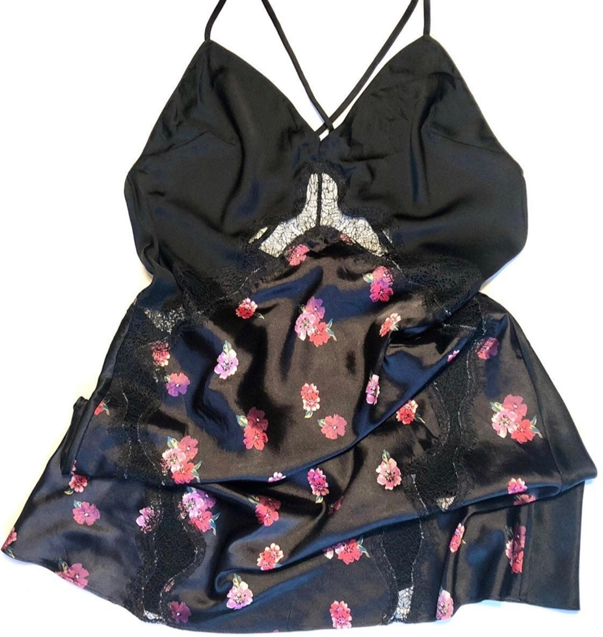 NWT Victoria's Secret Satin & Lace Slip Nightie Black Floral Lace Women's L