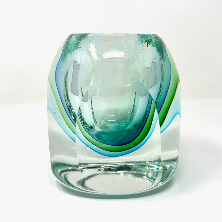 Beautiful Heavy Thick Art Glass Faceted Blue/Green Vase Candle Holder Sommerso