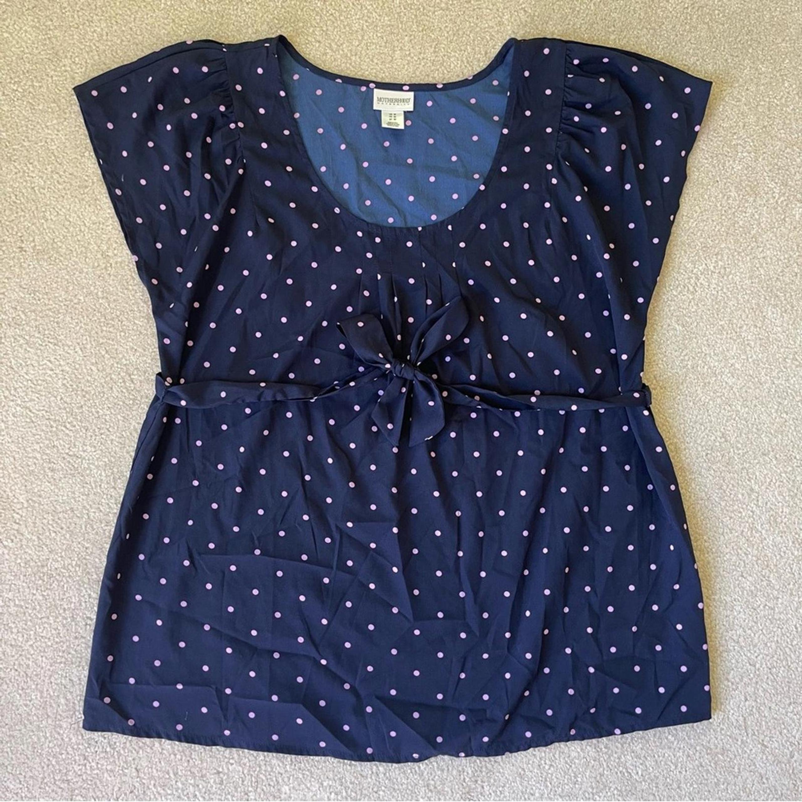 Motherhood Maternity Blue Pink Polka Dot Blouse with Tie - medium