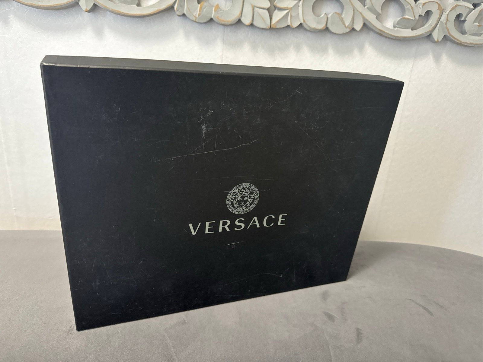 Versace Empty Shoe Box W/dust Bag And Tissue. Black. 12”x11.75”x5.5”