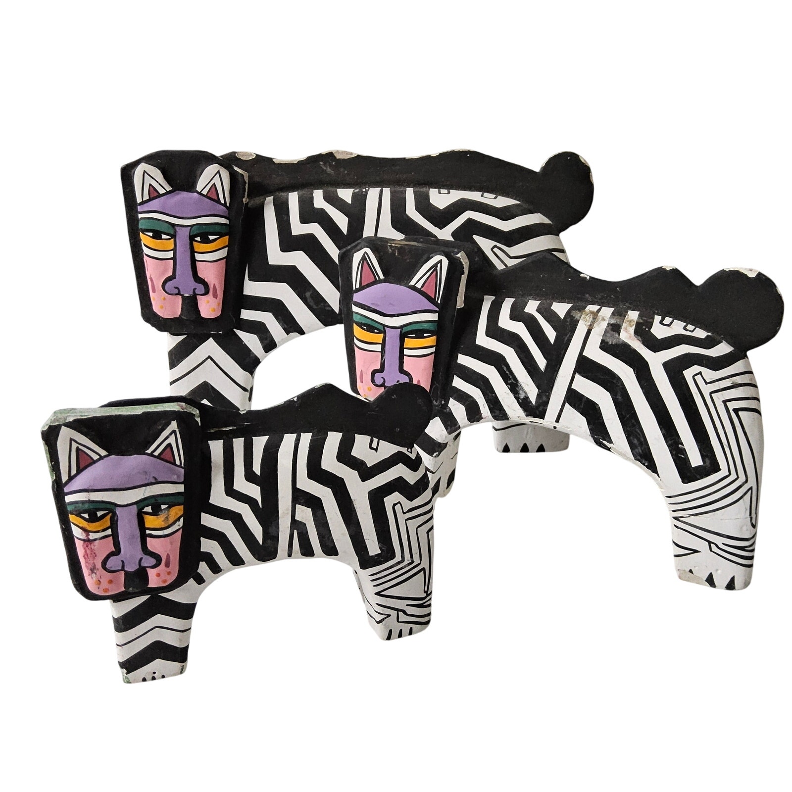 Vintage Laurel Burch Rare Hand Painted Zebra Cat Wood Figurines Sculptures