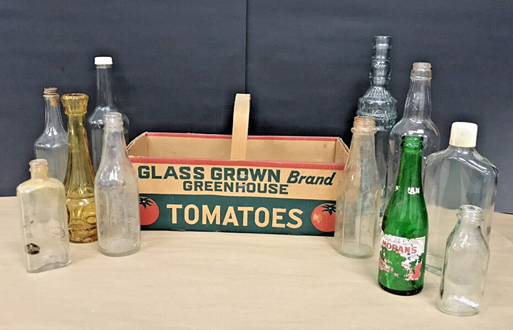 Vintage Mixed Glass Bottle 11pc Lot W/ Glass Grown Tomato Basket Food Beverages