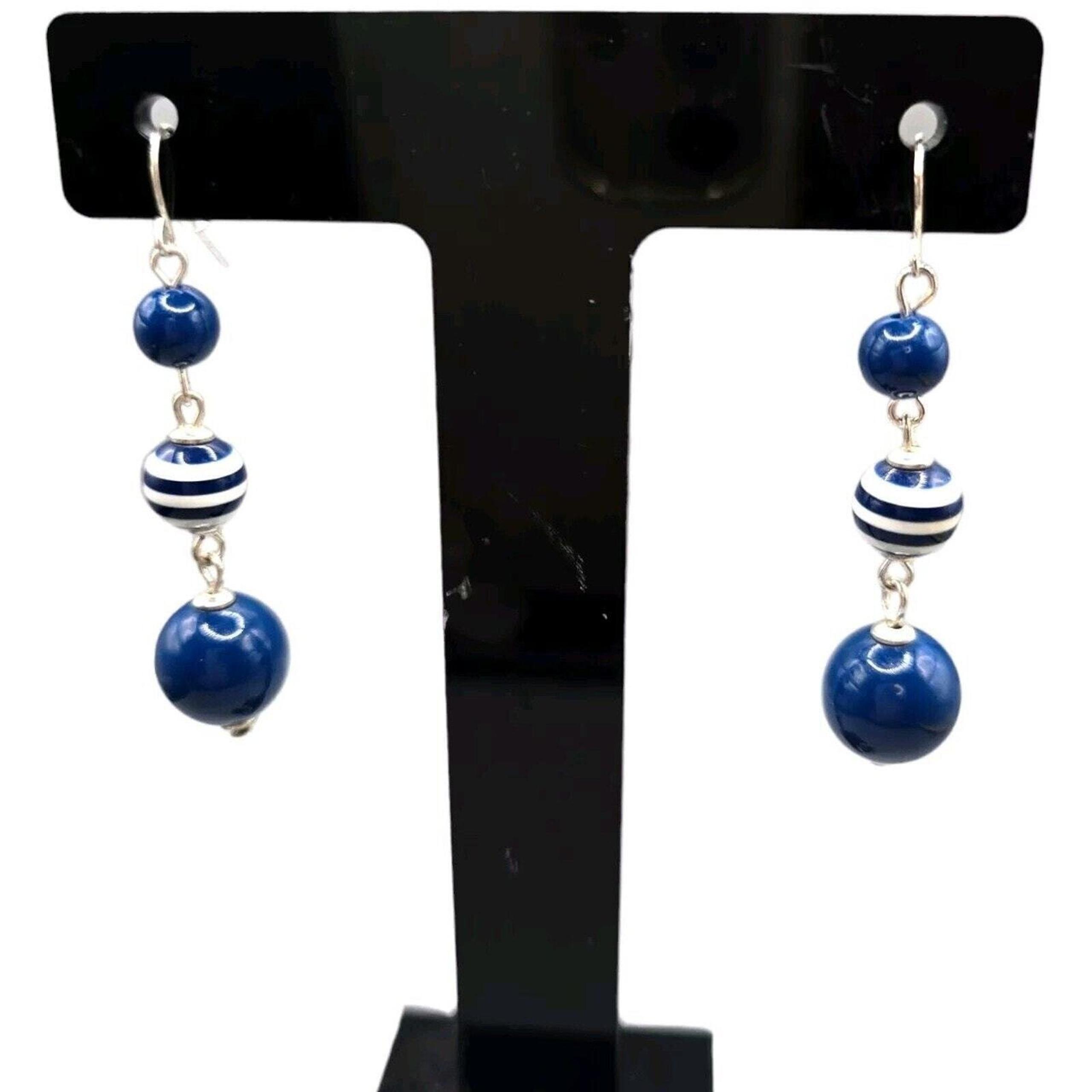 Sea Nautical Sailor Theme White Blue Dangle Acrylic Beads Pierced Earrings