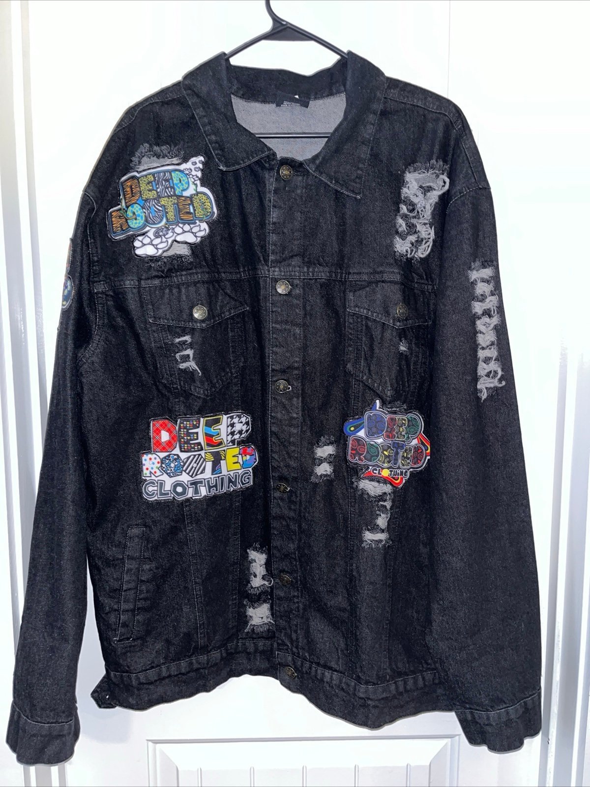 DEEP ROOTED STREETWEAR Men’s Black Denim Jacket Button Distressed Patchwork RARE
