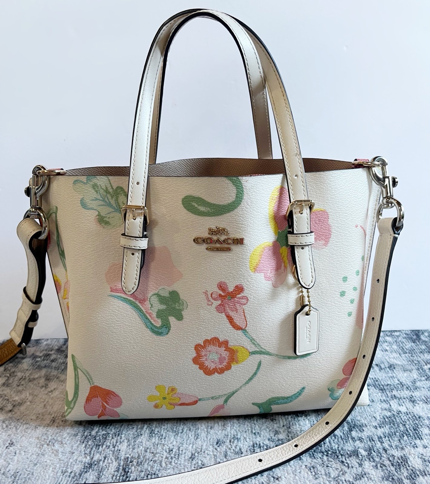 Coach Off white pink pebbled leather Mollie Tote 25 Dreamy Land Floral Bag Purse