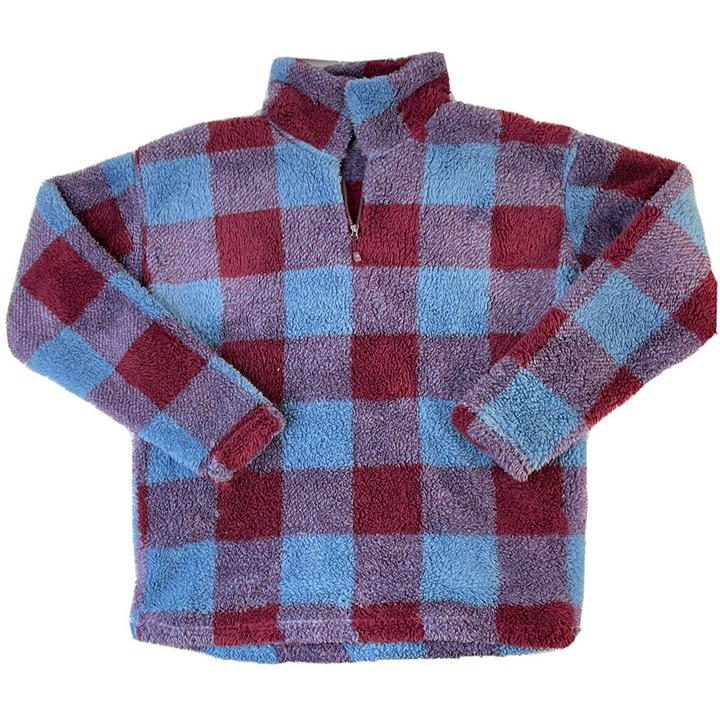 Eddie Bauer Womens Medium Plaid Deep Pile Soft Fuzzy 1/2 Zip Sweatshirt Sweater