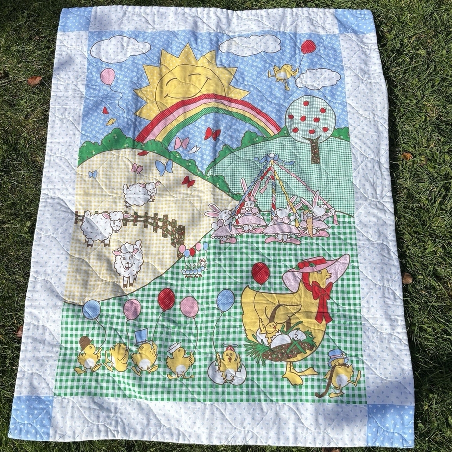 VTG Old McDonald Baby Blanket Quilt Throw Blue White Gingham Sun Rainbow Balloon