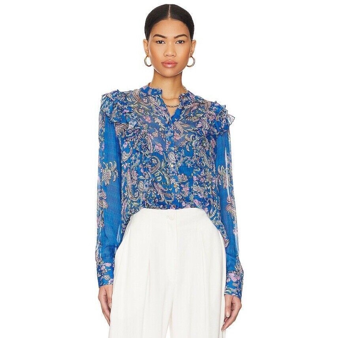 Hemant & Nandita Blue Floral Long Sleeve Top Sheer Mock Neck Size XS 290
