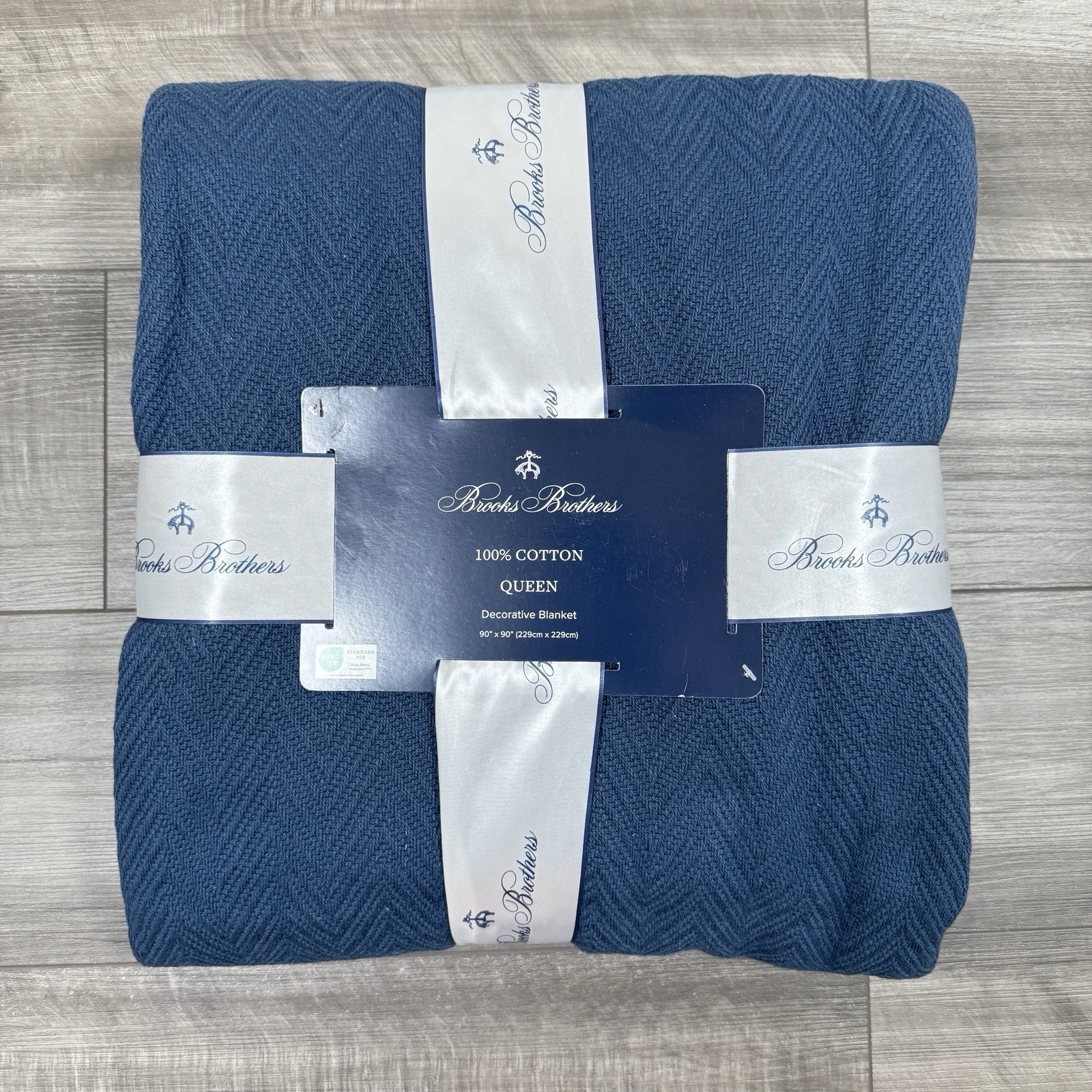 Brooks Brothers 100% Cotton Queen  Decorative Blanket Blue Textured 90X90 NWT