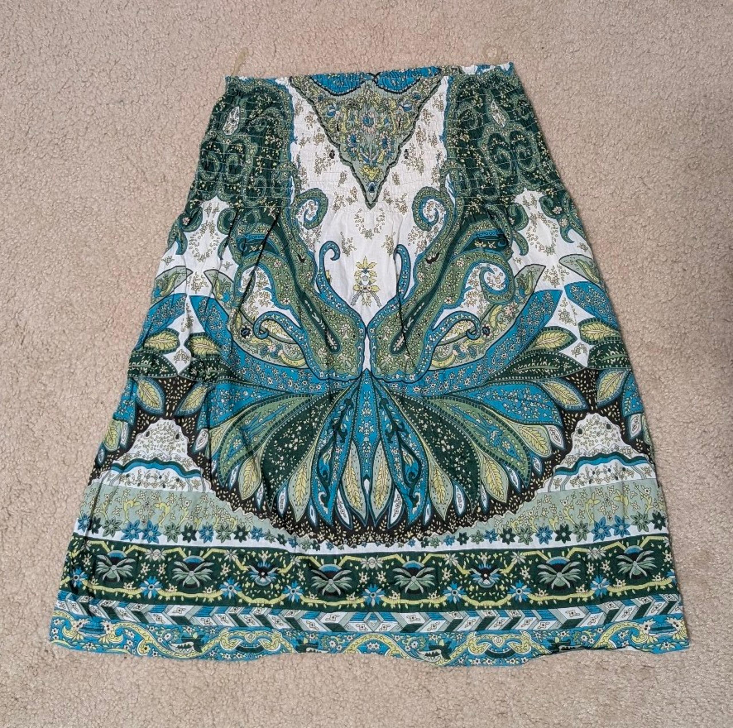 Vintage Blue Green Paisley A-line Garden Summer Skirt, size Medium Smocked Waist
