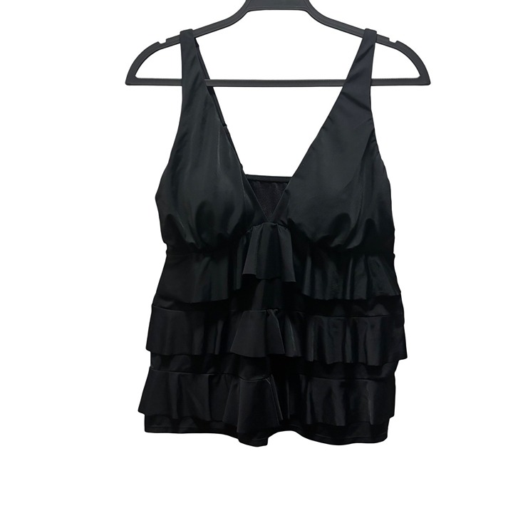 Dreamsuit By Miracle Brands Womens Black Tiered Ruffle Tankini Swim Top Size 14