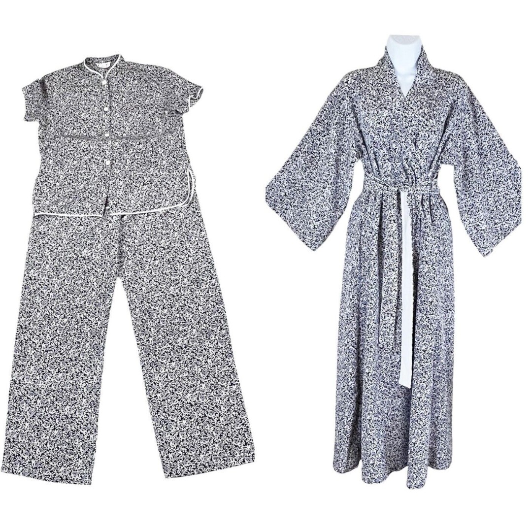 NATORI 3pc Pajama PJ Set S/S Top, Pants, Robe Blk White Paisley Mandarin Collar