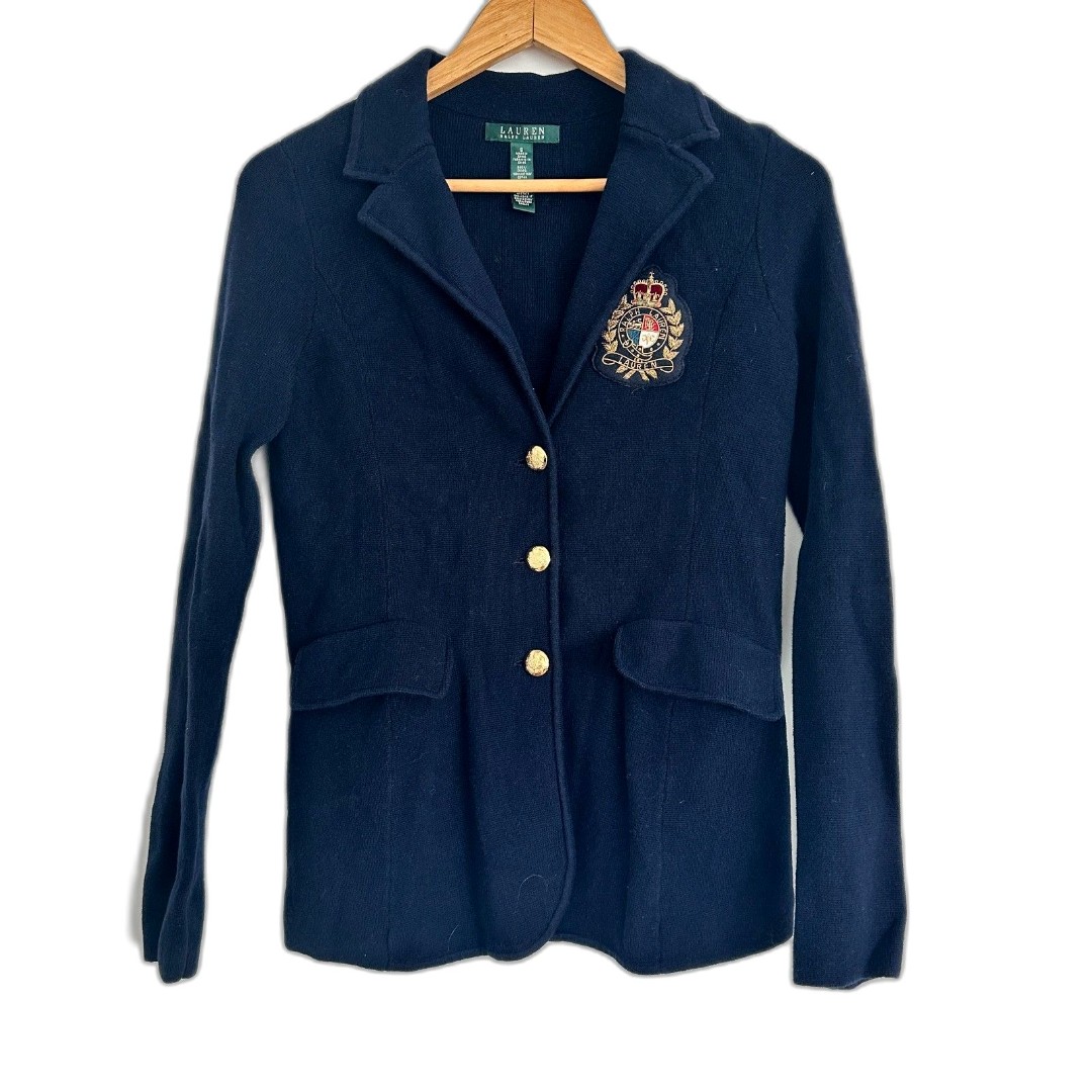 LAUREN RALPH LAUREN Knit Crest Blazer Logo Size S Navy