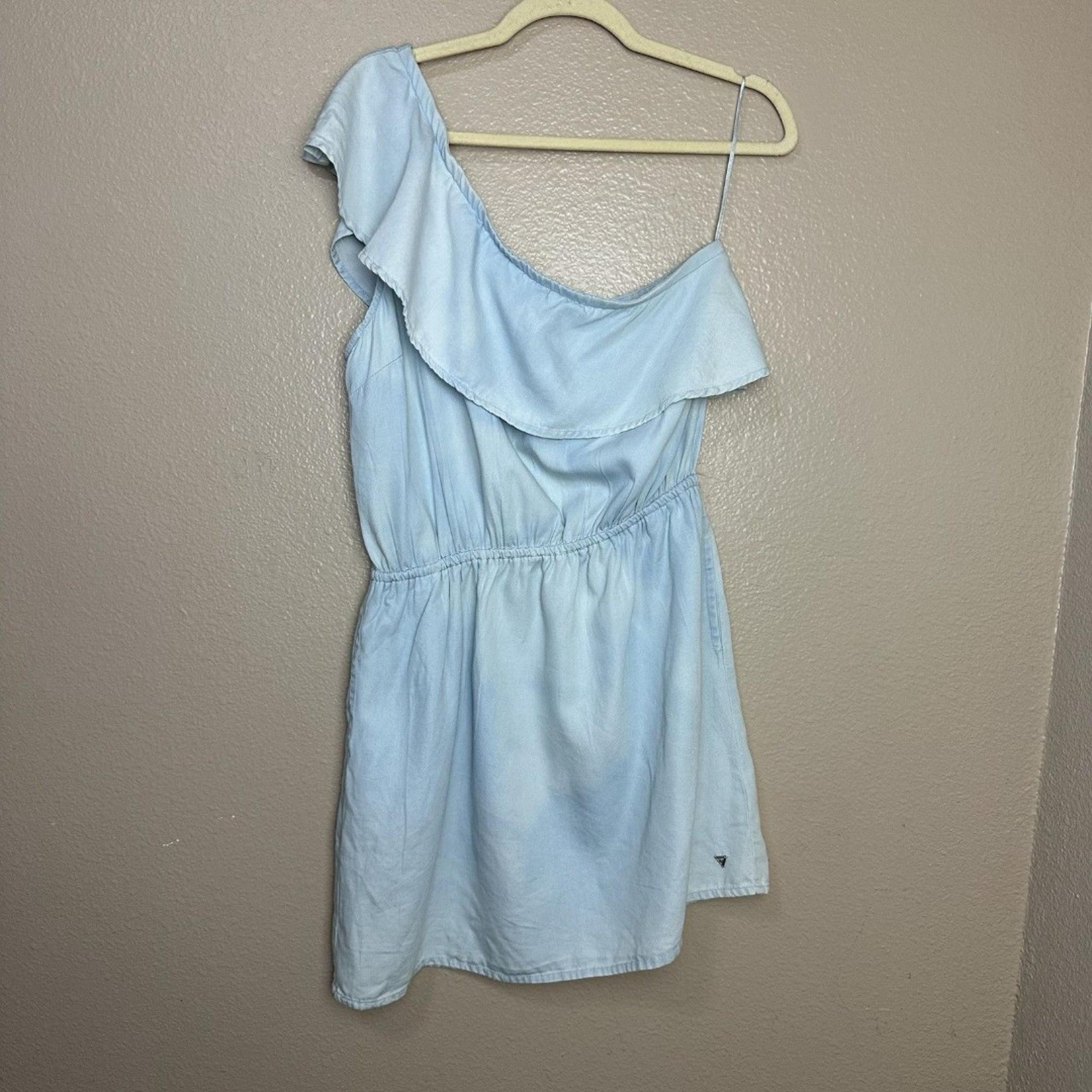 Guess Light Wash Denim One Shoulder Ruffle Dress Woman Size Medium Summer Mini
