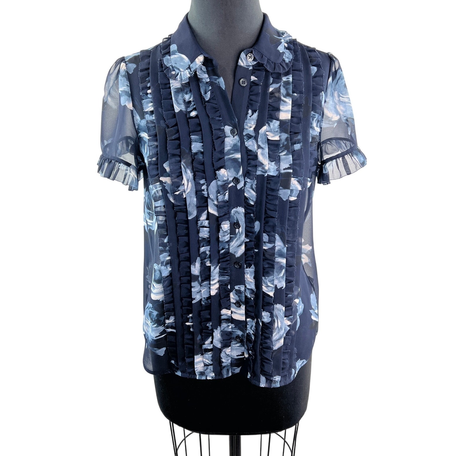 KATE SPADE Black Blue Top Night Rose Collared Ruffle Sleeve Button-Up Sz S Small