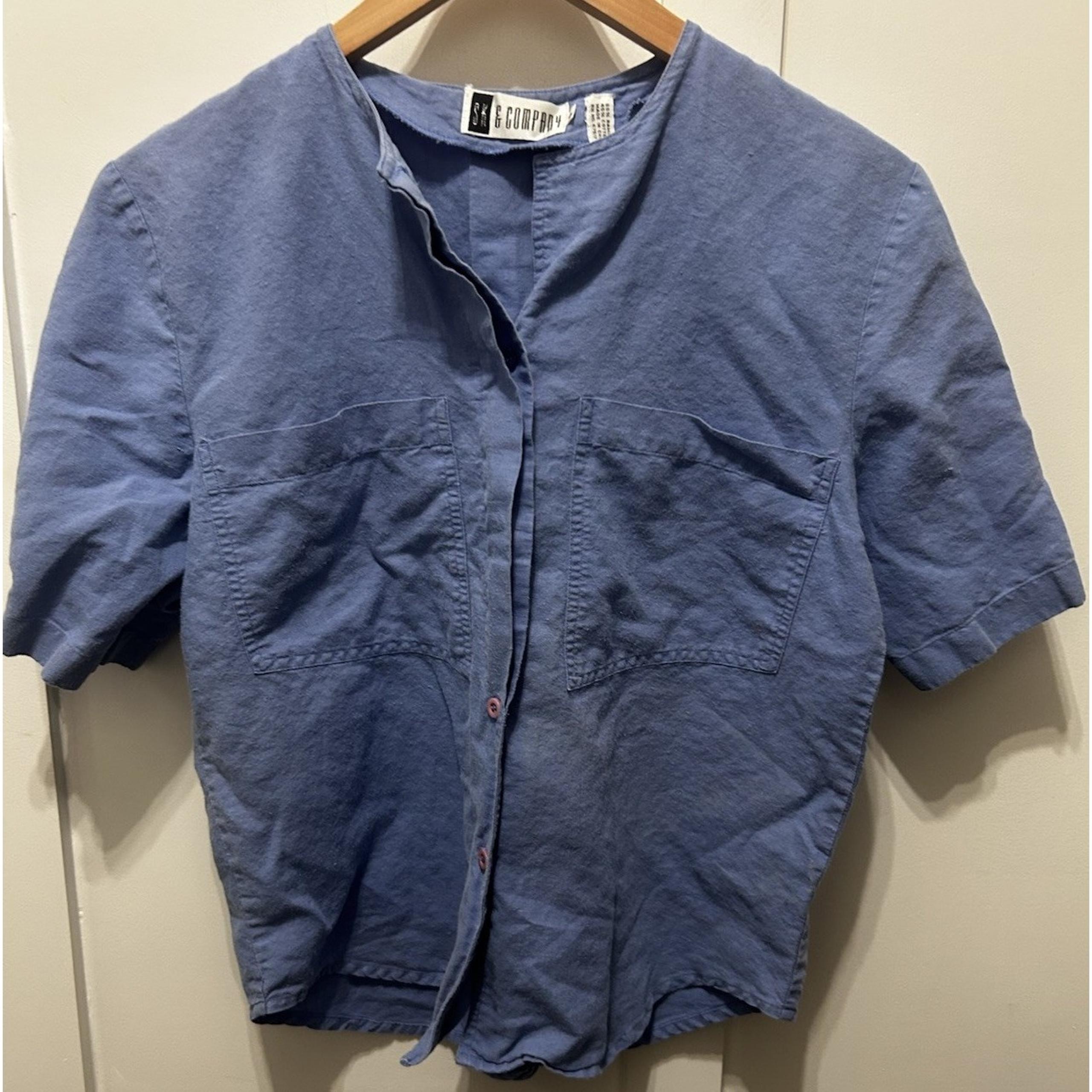 Vintage SK & Company Petite Size 6 Navy Blue w White Polka Dot Blouse