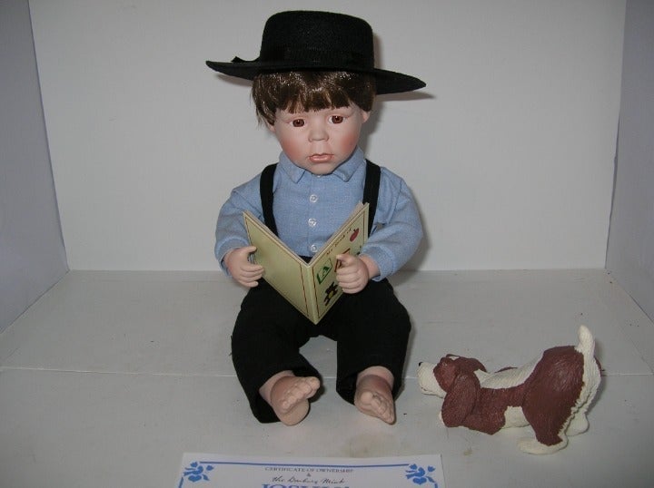 DANBURY MINT/ FAYZAH SPANOS PORCELAIN AMISH BOY DOLL JOSHUA w/BOOK & DOG w/BOX