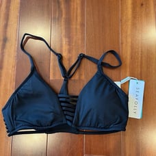 New NWT Seafolly Black Bikini Swim Top Rouleau Bralette Strappy T-Back US Size 4