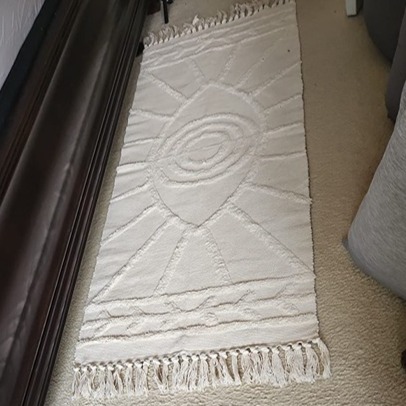 Kitchen Runner Rug 2'x4.3' Beige Evil Eye Tufted Rug with Tassels