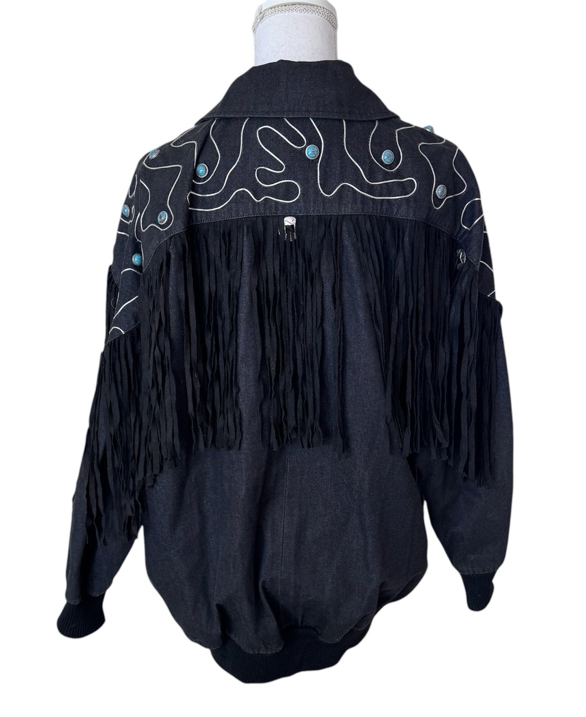 VTG I.B. Sport Denim Black Jean Jacket Fringe Turquoise Rodeo Cowgirl Western