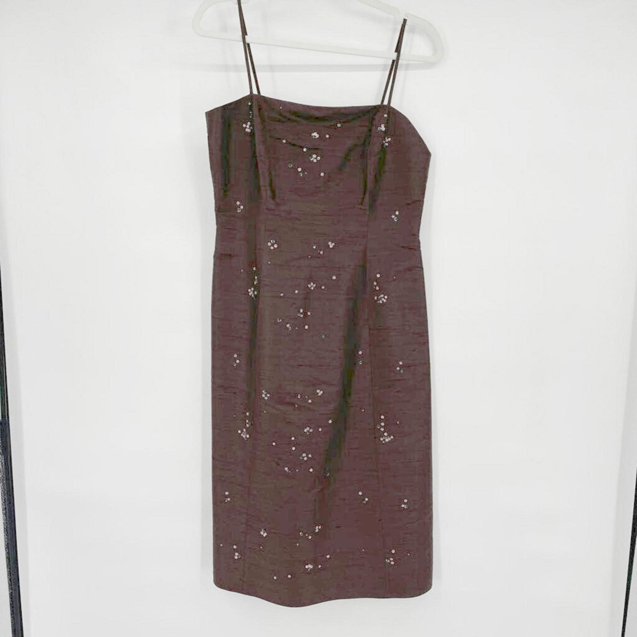 Womens Ann Taylor Y2K Shantung Silk Spaghetti Strap Sequin Brown Dress 6