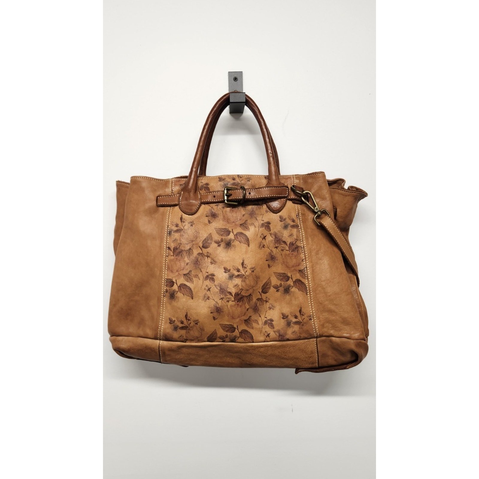 Costanza Rota Women's Brown Genuine Leather Handbag W/Floral Print Made In Italy