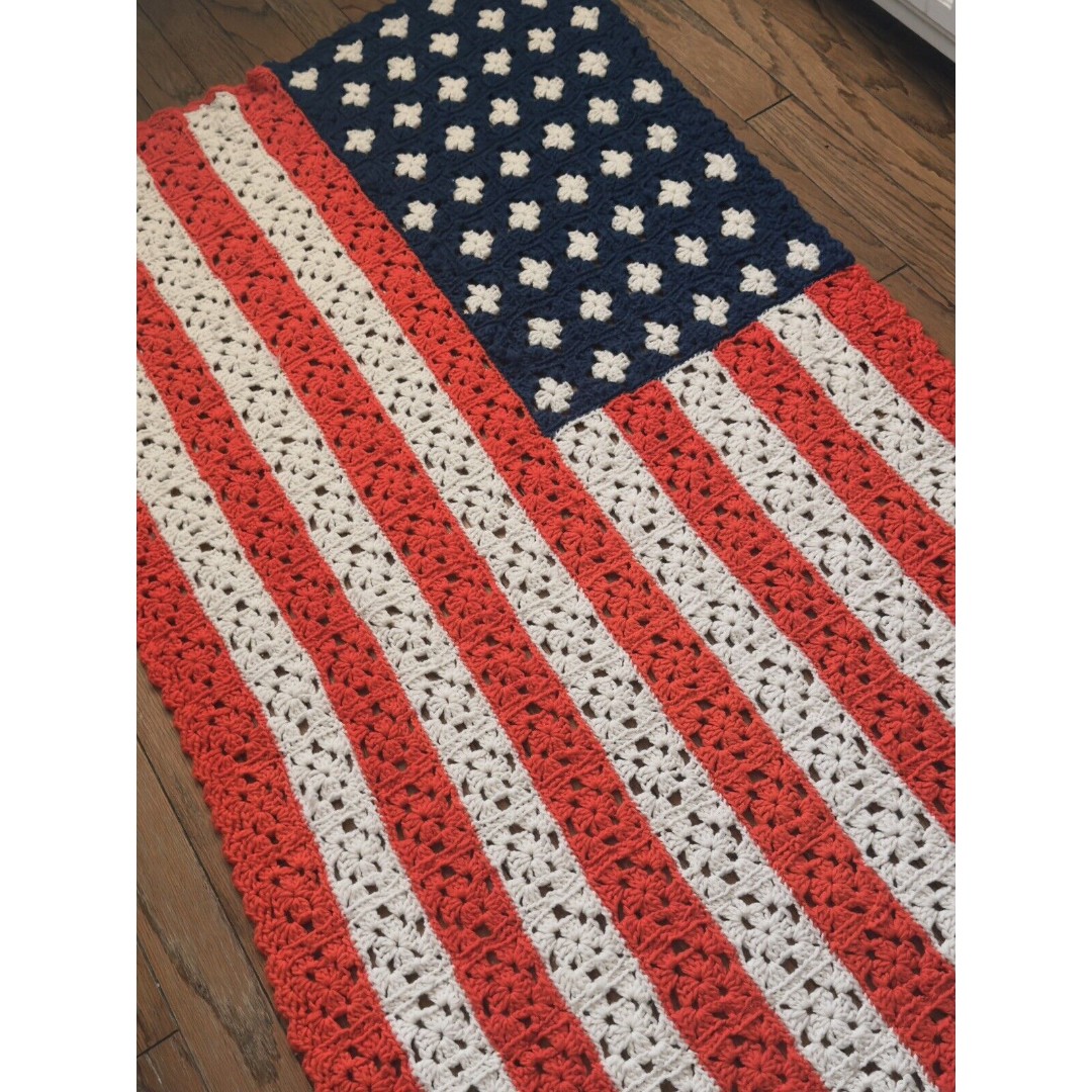 Handmade American Flag Crochet Blanket Red White Blue Vintage USA 67”x40”