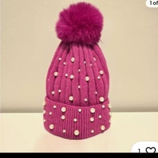 Steve Madden Faux Pearls Beaded Hot Pink Beanie Hat with Pompon NWT