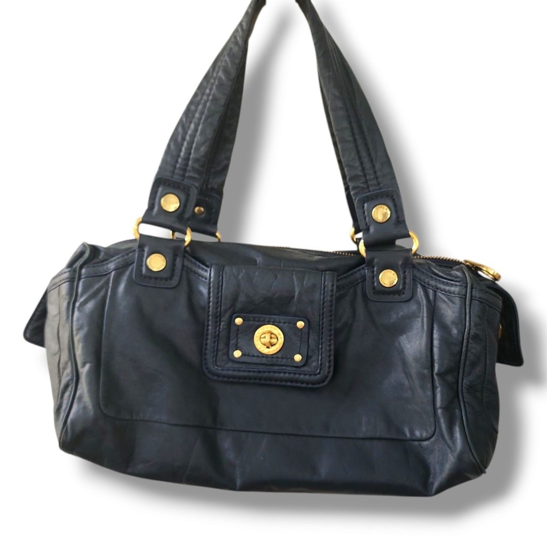 MARC JACOBS Yotally Turnlock Leather Large Top Handle Shoulder Handbag Bag Navy