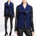 VINCE Wool Blend Moto Leather Jacket Boucle Coat Raw Trim Drape Wide Lapel Blue