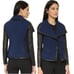 VINCE Wool Blend Moto Leather Jacket Boucle Coat Raw Trim Drape Wide Lapel Blue