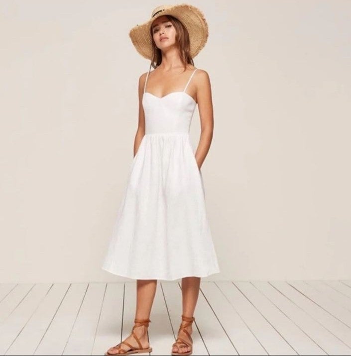 REFORMATION Sz M NWT OLIVIA LINEN WHITE DRESS BLOGGER'S FAV.