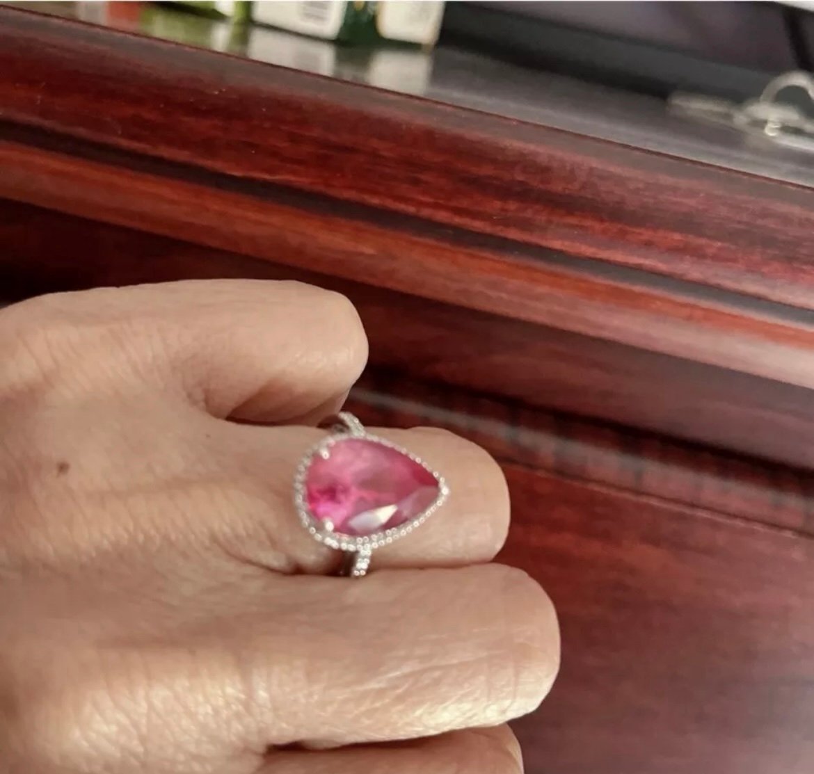 10K White Gold with 6.00 Carat Pink Topaz Pear Cut Solitaire Ring