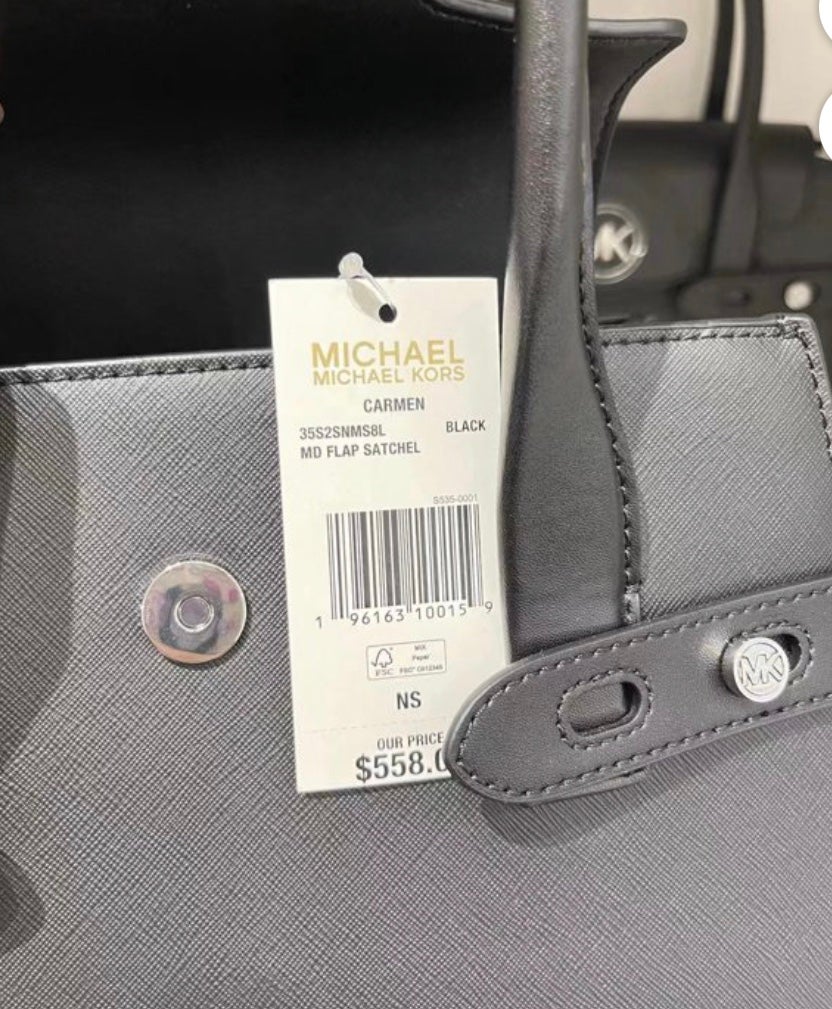 BRANDNEW Michael Kors 35S2Gnms8L Carmen Medium Faux Leather Belted Satchel Black
