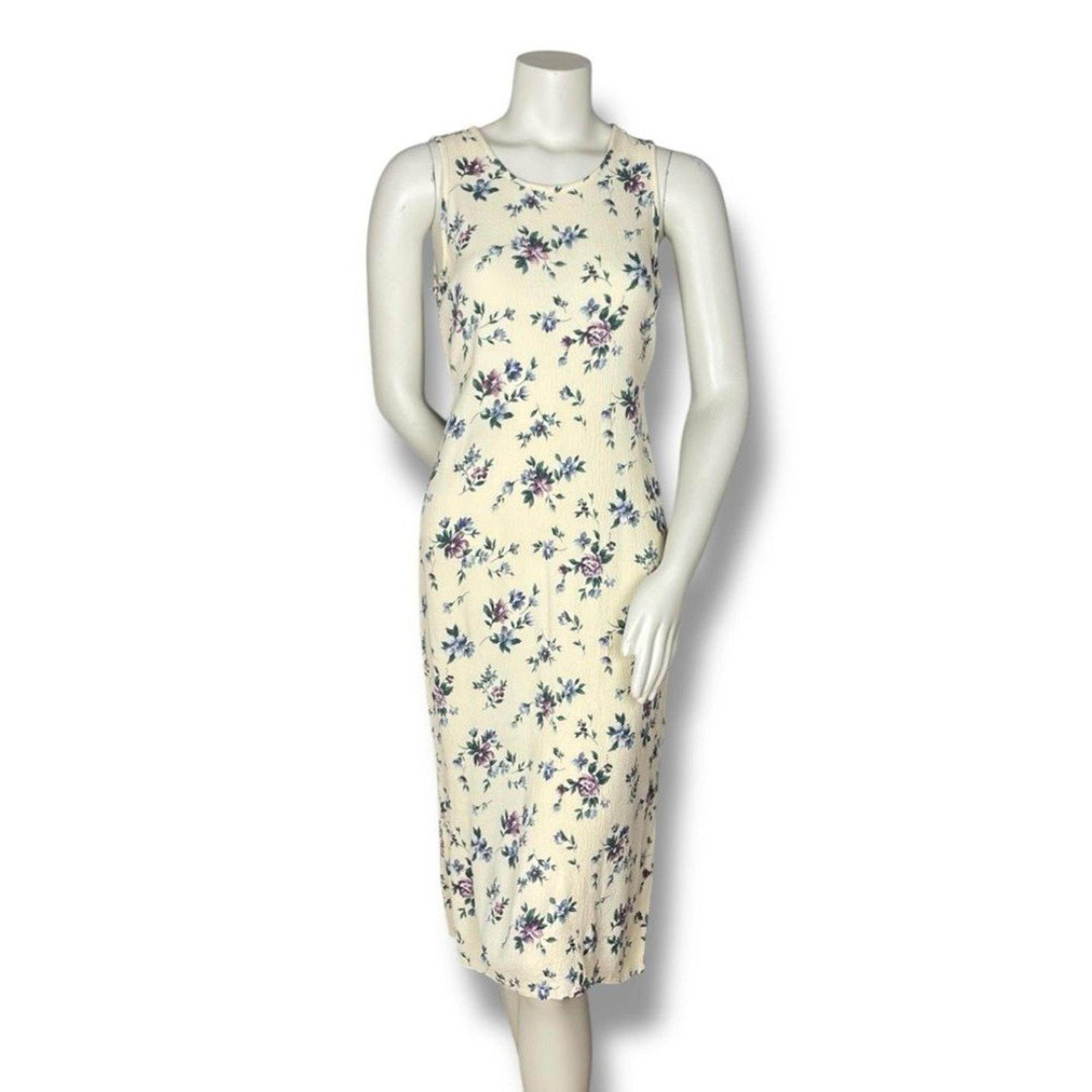 Vintage Midi Dress Floral 90s Momcore Sleeveless Petite Cream Pale Yellow Angel